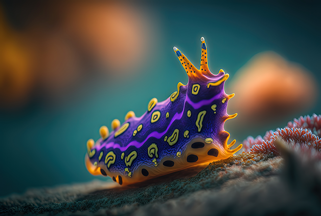 A beautiful bright purple and yellow sea slug